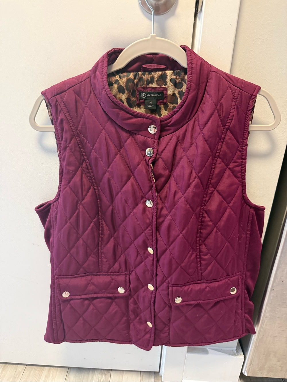 new directions Quilted Plum Sleeveless Vest with Leopard Lining
